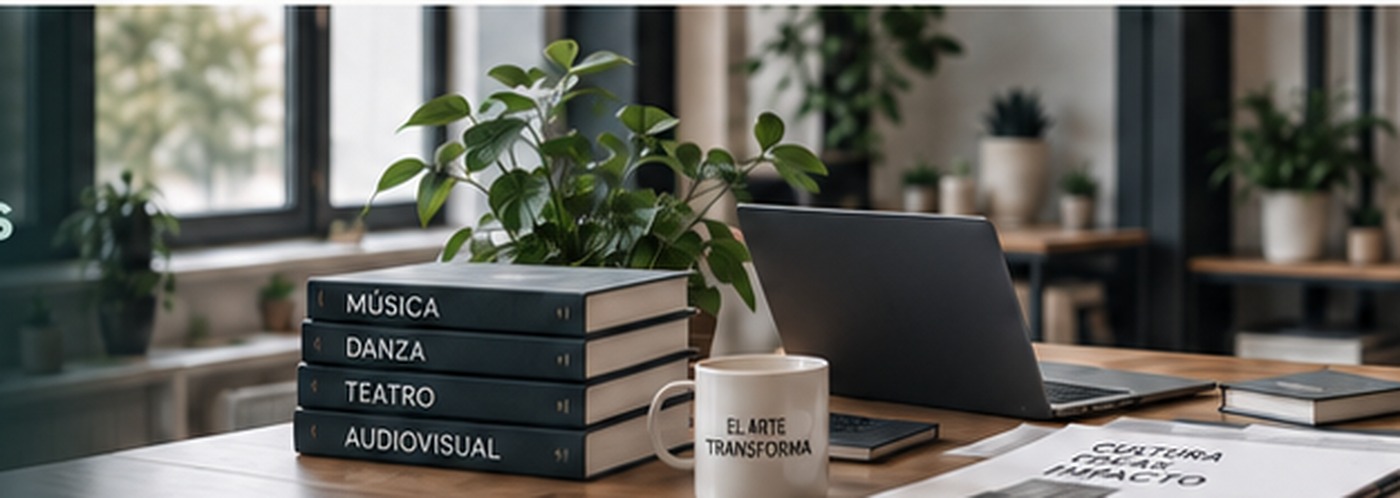 Espacio de trabajo cultural sin personas, con libros, portátil y materiales de proyecto